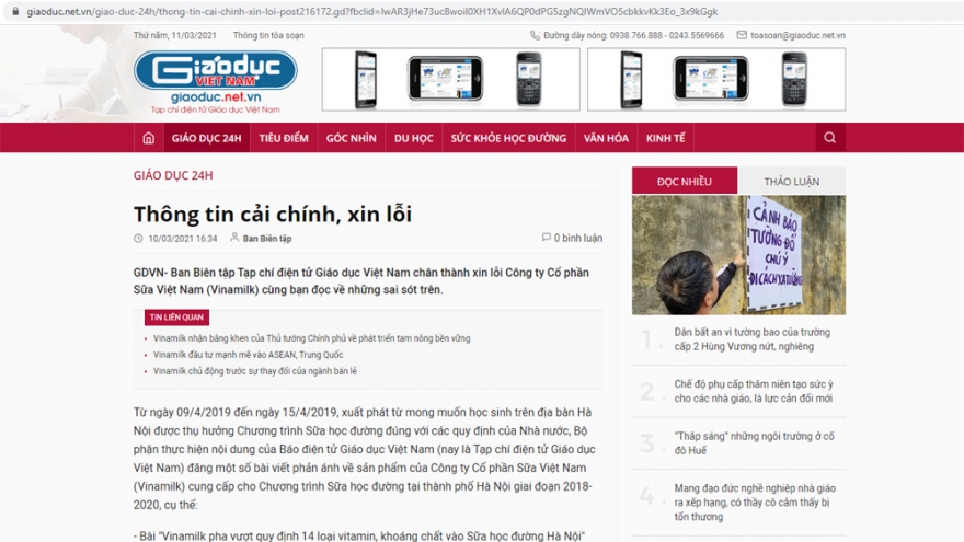 Tạp chí điện tử Giáo dục Việt Nam xin lỗi, cải chính thông tin sai sự thật về Vinamilk